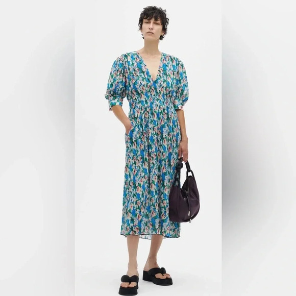! NWT New $325 GANNI Multicolor V-Neck Midi Floral Azure Blue Dress Size 2… - Picture 2 of 4